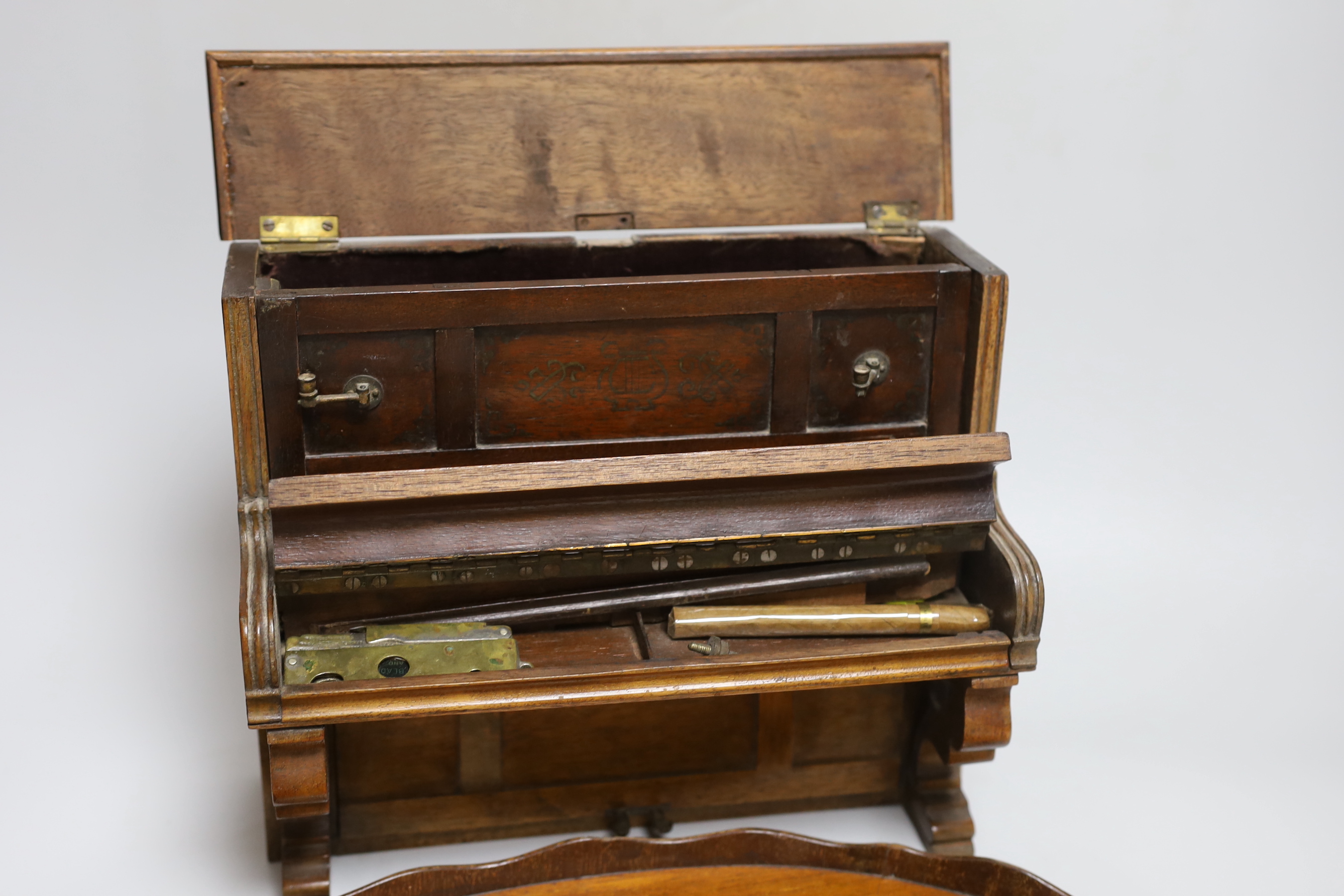 A novelty miniature mahogany upright piano and an inlaid mahogany tray, 39cm long